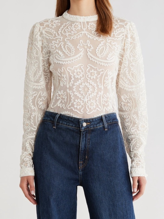 FARM Rio Tops - FARM Rio Ivory Sheer Embroidered Mock-Neck Blouse